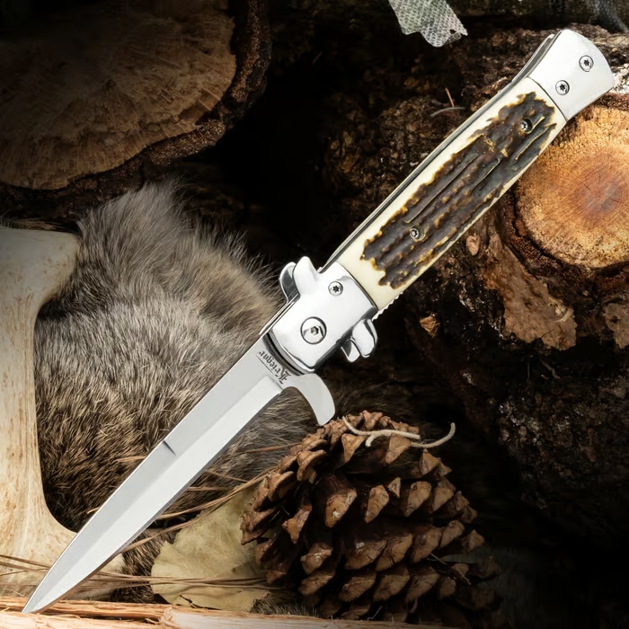 Kriegar German Faux Stag Stiletto Folding Knife, Stainless, Assisted Opening,KG243